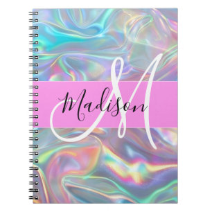 Girly Rainbow Holografische Iridescent Monogram Na Notitieboek