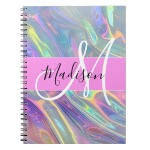 Girly Rainbow Holografische Iridescent Monogram Na Notitieboek