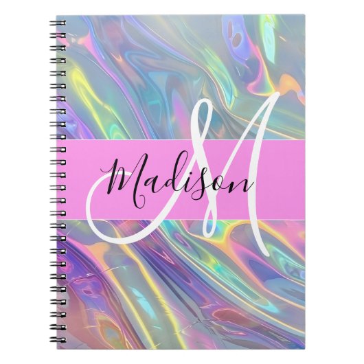 Girly Rainbow Holografische Iridescent Monogram Na Notitieboek (Voorkant)