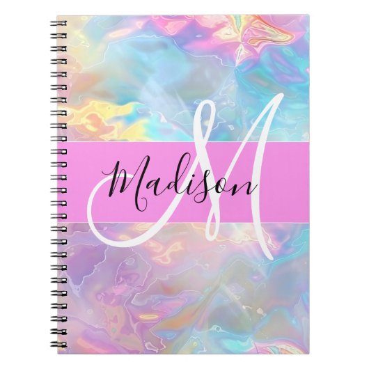Girly Rainbow Holografische Iridescent Monogram Na Notitieboek (Voorkant)