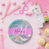 Girly Rainbow Holografische Iridescent Monogram Na Papieren Bordje (Feest)