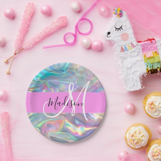Girly Rainbow Holografische Iridescent Monogram Na Papieren Bordje (Feest)