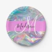 Girly Rainbow Holografische Iridescent Monogram Na Papieren Bordje (Voorkant)