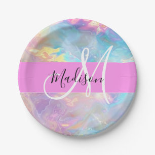 Girly Rainbow Holografische Iridescent Monogram Na Papieren Bordje