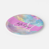 Girly Rainbow Holografische Iridescent Monogram Na Papieren Bordje (Gekanteld)