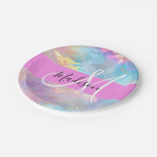 Girly Rainbow Holografische Iridescent Monogram Na Papieren Bordje (Gekanteld)