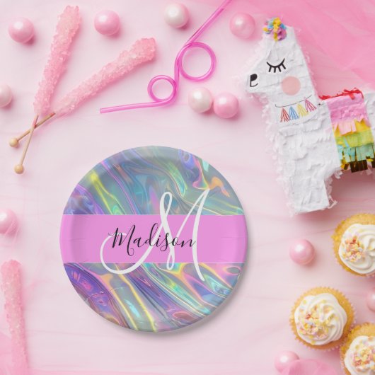 Girly Rainbow Holografische Iridescent Monogram Na Papieren Bordje (Feest)