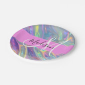 Girly Rainbow Holografische Iridescent Monogram Na Papieren Bordje (Gekanteld)
