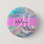 Girly Rainbow Holografische Iridescent Monogram Na Ronde Button 5,7 Cm (Voorkant)