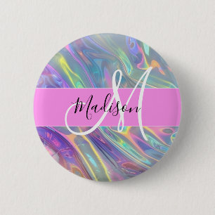 Girly Rainbow Holografische Iridescent Monogram Na Ronde Button 5,7 Cm