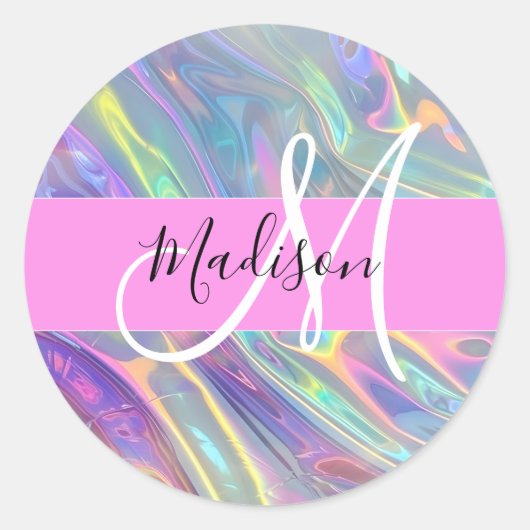Girly Rainbow Holografische Iridescent Monogram Na Ronde Sticker (Voorkant)