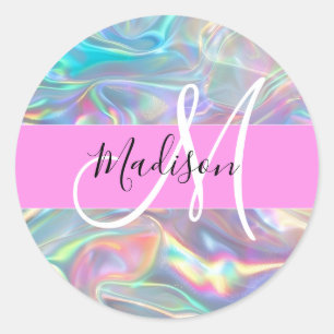 Girly Rainbow Holografische Iridescent Monogram Na Ronde Sticker