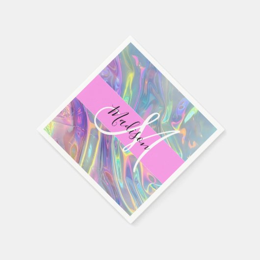 Girly Rainbow Holografische Iridescent Monogram Na Servet (Hoek)
