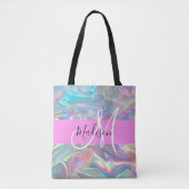 Girly Rainbow Holografische Iridescent Monogram Na Tote Bag (Voorkant)
