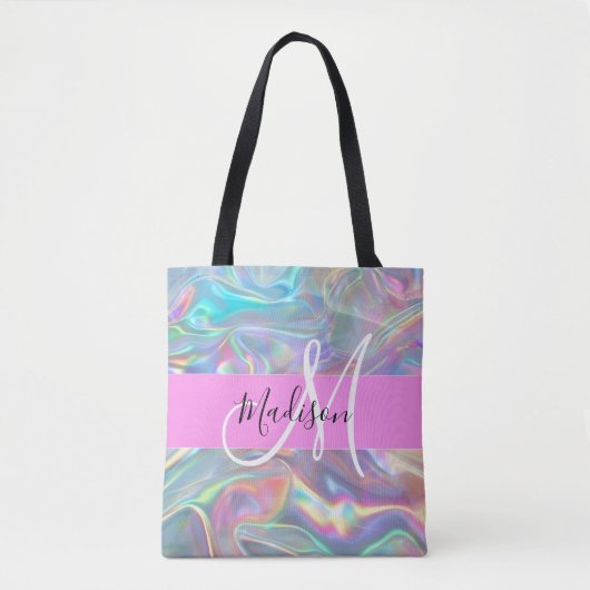 Girly Rainbow Holografische Iridescent Monogram Na Tote Bag (Voorkant)
