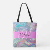Girly Rainbow Holografische Iridescent Monogram Na Tote Bag (Achterkant)