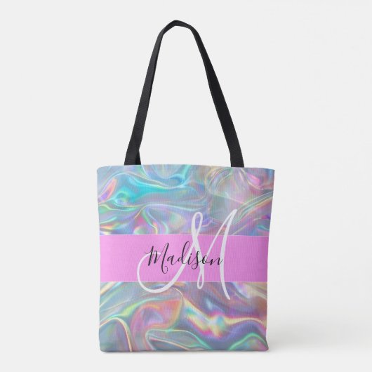 Girly Rainbow Holografische Iridescent Monogram Na Tote Bag (Achterkant)