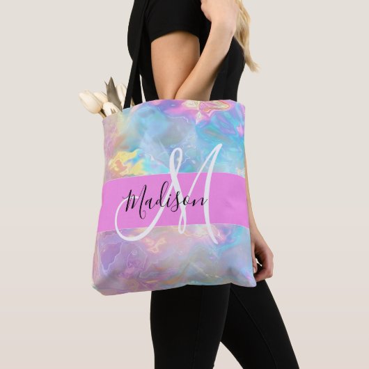 Girly Rainbow Holografische Iridescent Monogram Na Tote Bag (Dichtbij)