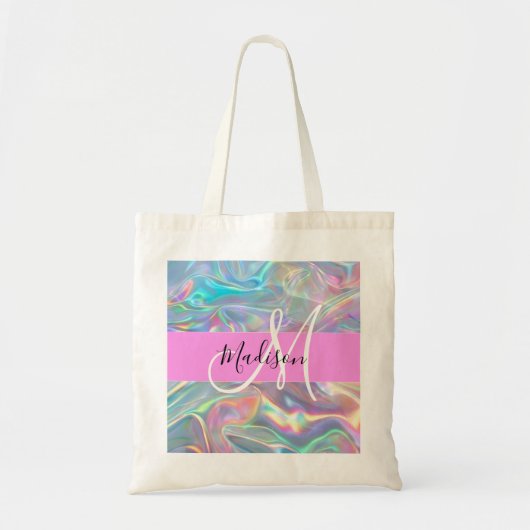 Girly Rainbow Holografische Iridescent Monogram Na Tote Bag (Voorkant)