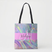 Girly Rainbow Holografische Iridescent Monogram Na Tote Bag (Voorkant)