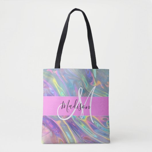 Girly Rainbow Holografische Iridescent Monogram Na Tote Bag (Voorkant)