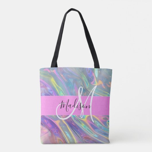 Girly Rainbow Holografische Iridescent Monogram Na Tote Bag (Achterkant)