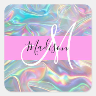 Girly Rainbow Holografische Iridescent Monogram Na Vierkante Sticker