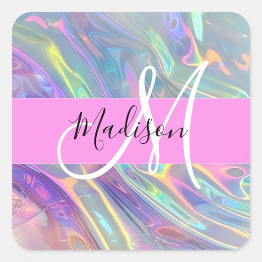 Girly Rainbow Holografische Iridescent Monogram Na Vierkante Sticker (Voorkant)