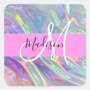 Girly Rainbow Holografische Iridescent Monogram Na Vierkante Sticker