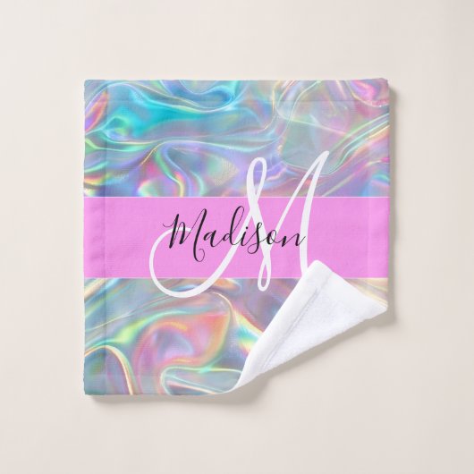 Girly Rainbow Holografische Iridescent Monogram Na Washandje (Wasdoekje)