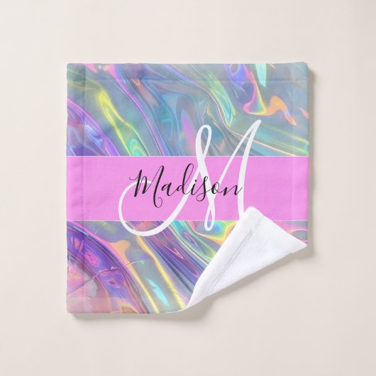 Girly Rainbow Holografische Iridescent Monogram Na Washandje (Wasdoekje)