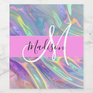 Girly Rainbow Holografische Iridescent Monogram Na Wijn Etiket
