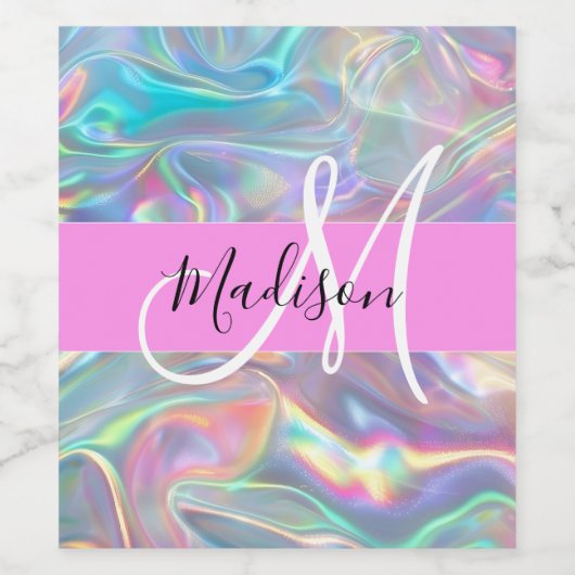 Girly Rainbow Holografische Iridescent Monogram Na Wijn Etiket (Enkel label)