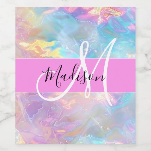 Girly Rainbow Holografische Iridescent Monogram Na Wijn Etiket (Enkel label)