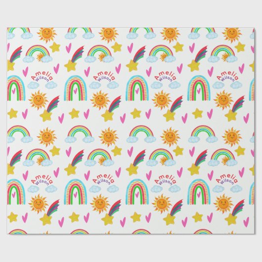 Girly Rainbow Sun Star Name Pattern for Kids Cadeaupapier (Vlak)