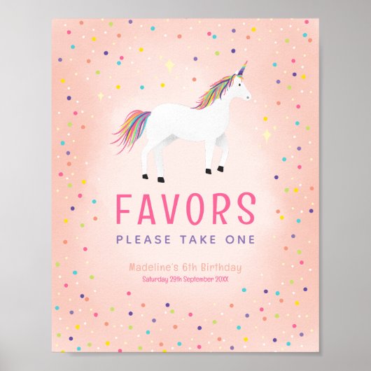 Girly Rainbow Unicorn Birthday Favor Sign Poster (Voorkant)