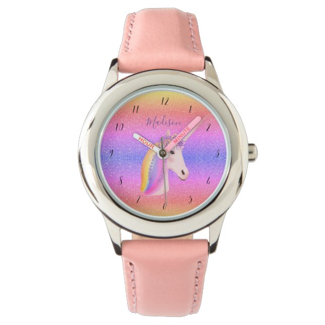 Girly Rainbow Unicorn Glitter Girls - Gepersonalis Horloge (Voorkant)