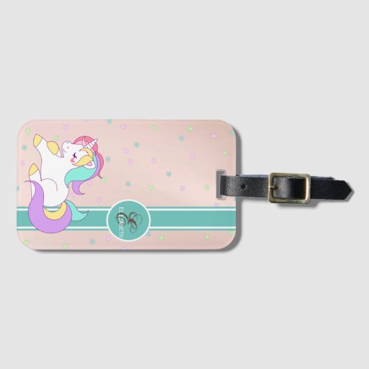 Girly Rainbow Unicorn, kleurrijke stars Monogram Bagagelabel (Voorkant (horizontaal))