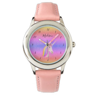 Girly Rainbow Unicorn Pastel Pink Glitter Kinder Horloge