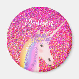 Girly Rainbow Unicorn Pink Glitter Persoonlijk Magneet