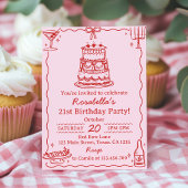 Girly Red and Pink Bow Cake Birthday Invitation Kaart