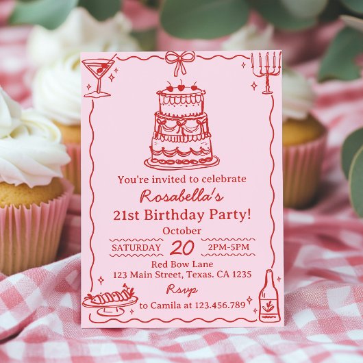 Girly Red and Pink Bow Cake Birthday Invitation Kaart