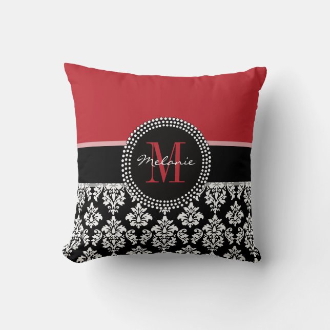 Girly Red Black Damask je Monogram Name Pillow Kussen (Voorkant)