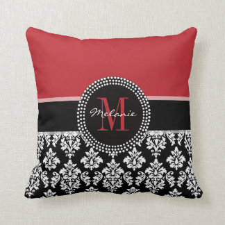 Girly Red Black Damask je Monogram Name Pillow Kussen