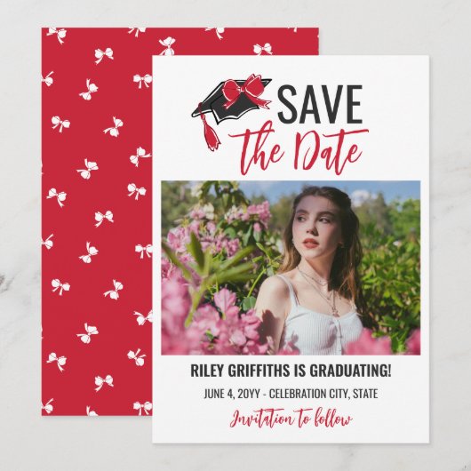 Girly Red Bow & Pet Afstuderen Save The Date (Voorkant / Achterkant)