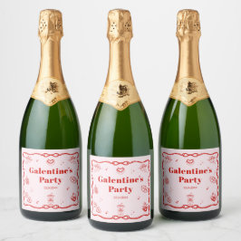 Girly Red Coquette Galentine's  Party Sparkling Wijnetiket