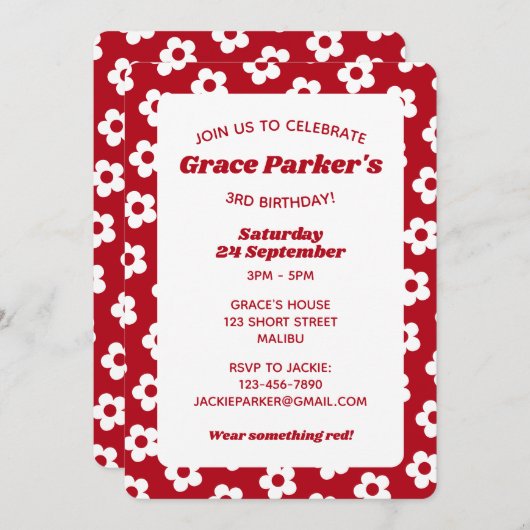 Girly Red Daisy Pattern 3rd Birthday Party Kaart (Voorkant / Achterkant)