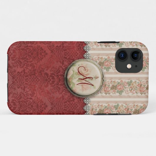 Girly Red Damask en Rozen Case-Mate iPhone Case (Achterkant (horizontaal))