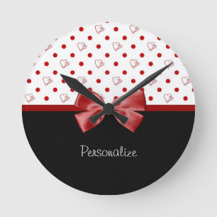 Girly Red en Black Polka Dot hoort kraai met naam Ronde Klok