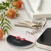 Girly Red en Black Polka Dot hoort kraai met naam Sleutelhanger (Voorkant Rechts)